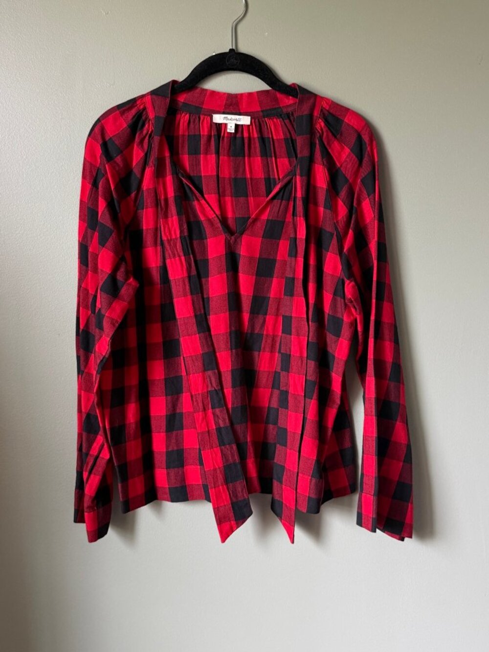 Madewell Buffalo Plaid Check Tie Neck Popover Blouse Top - Size M